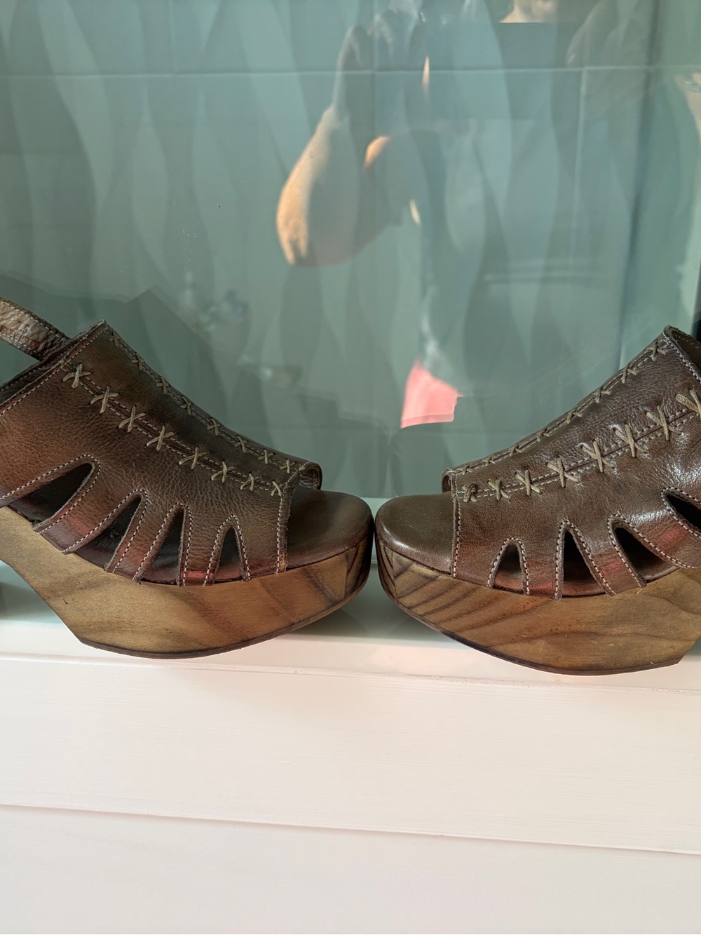 Bed Stu Brown Leather Platform Sandal with Wood-Look Block Heel - Picture 2 of 4
